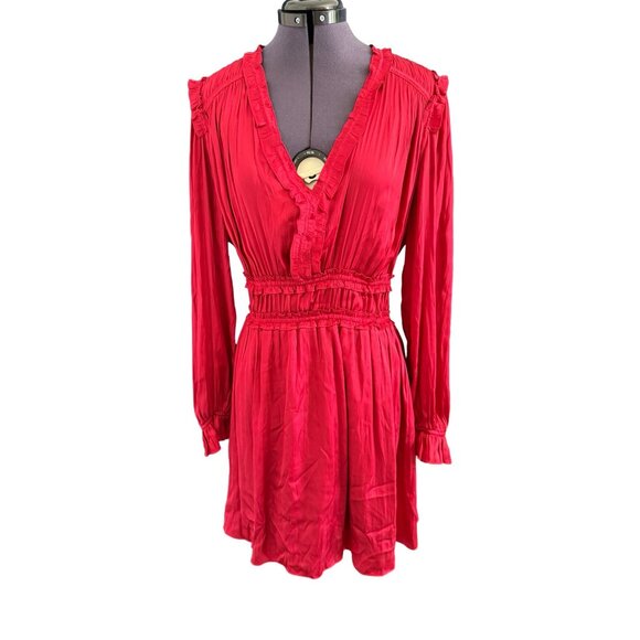 The Kooples Red Long Sleeve Mini Dress Elastic‎ Waist Ruffled Viscose Sz US 8 - Picture 2 of 15